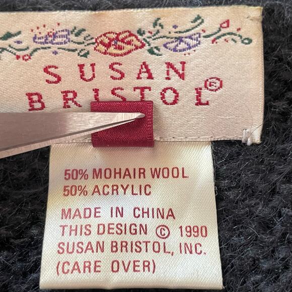 Susan Bristol Vintage Mohair Artsy Crop Cardigan Size L Gray Multicolor Floral - Picture 6 of 8
